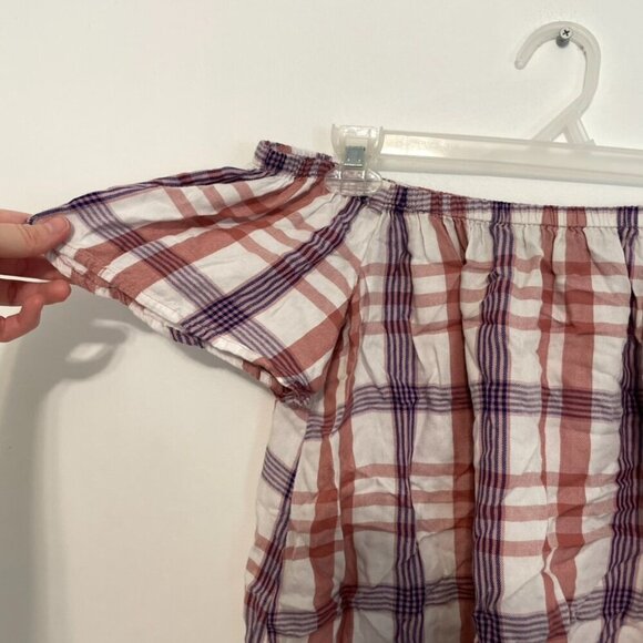 EXPRESS Plaid Off the Shoulder Blouse White Mauve Rose Pink Short Sleeve Summer - Picture 4 of 12